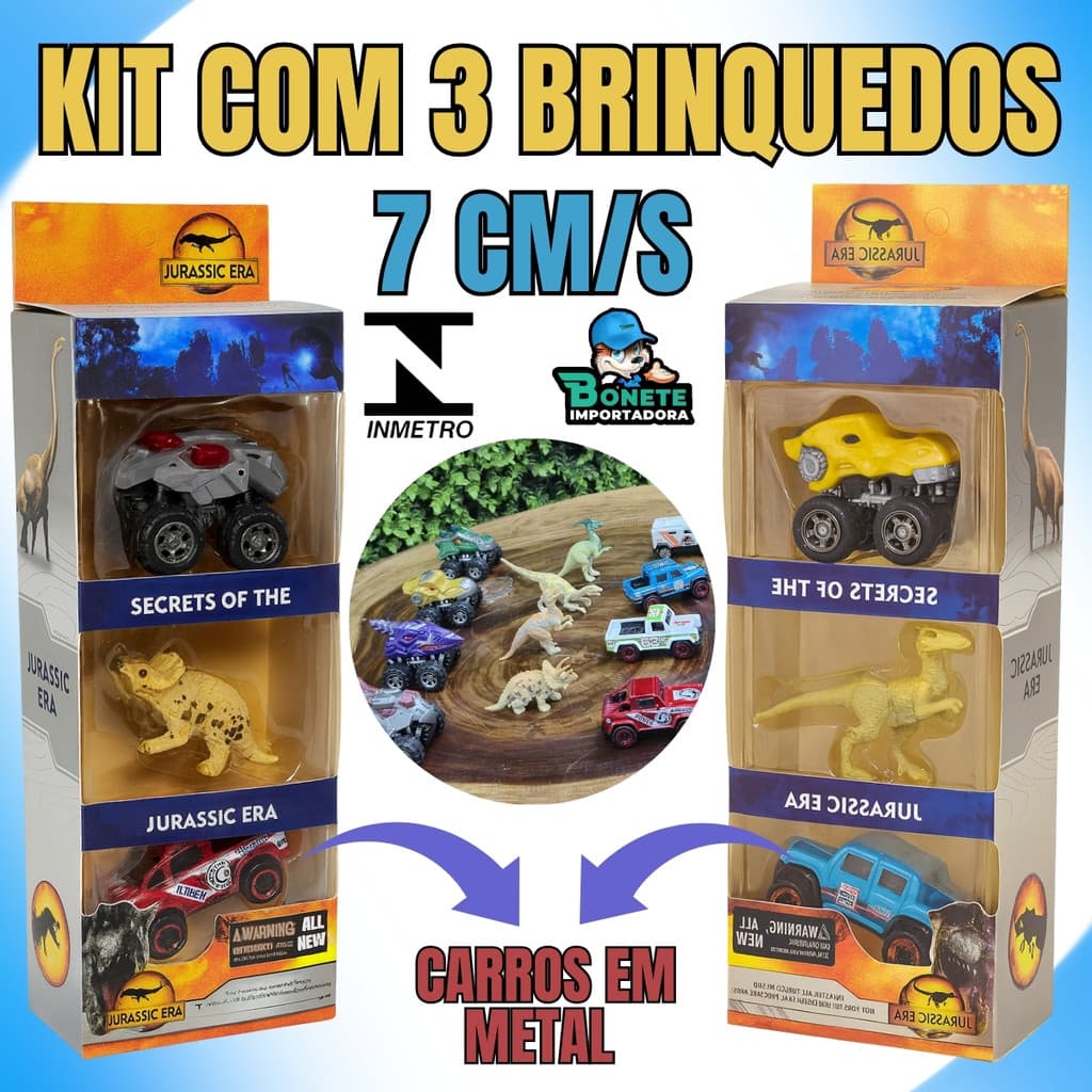 Kit 3 Brinquedos Dinossauro + Carros em Metal Jurassic Era Inmetro 7cm