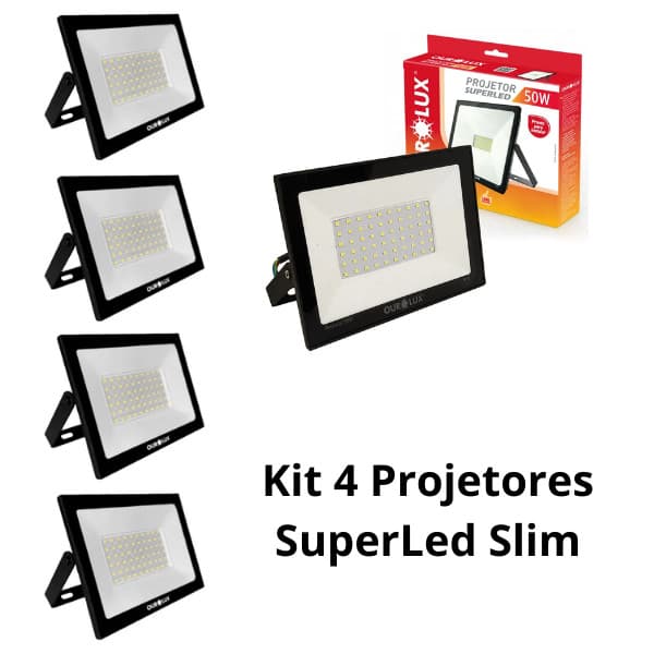 Kit com 4 Projetores Refletor Led Slim 50w 6500k Bivolt Preto Ourolux - 4 Refletores