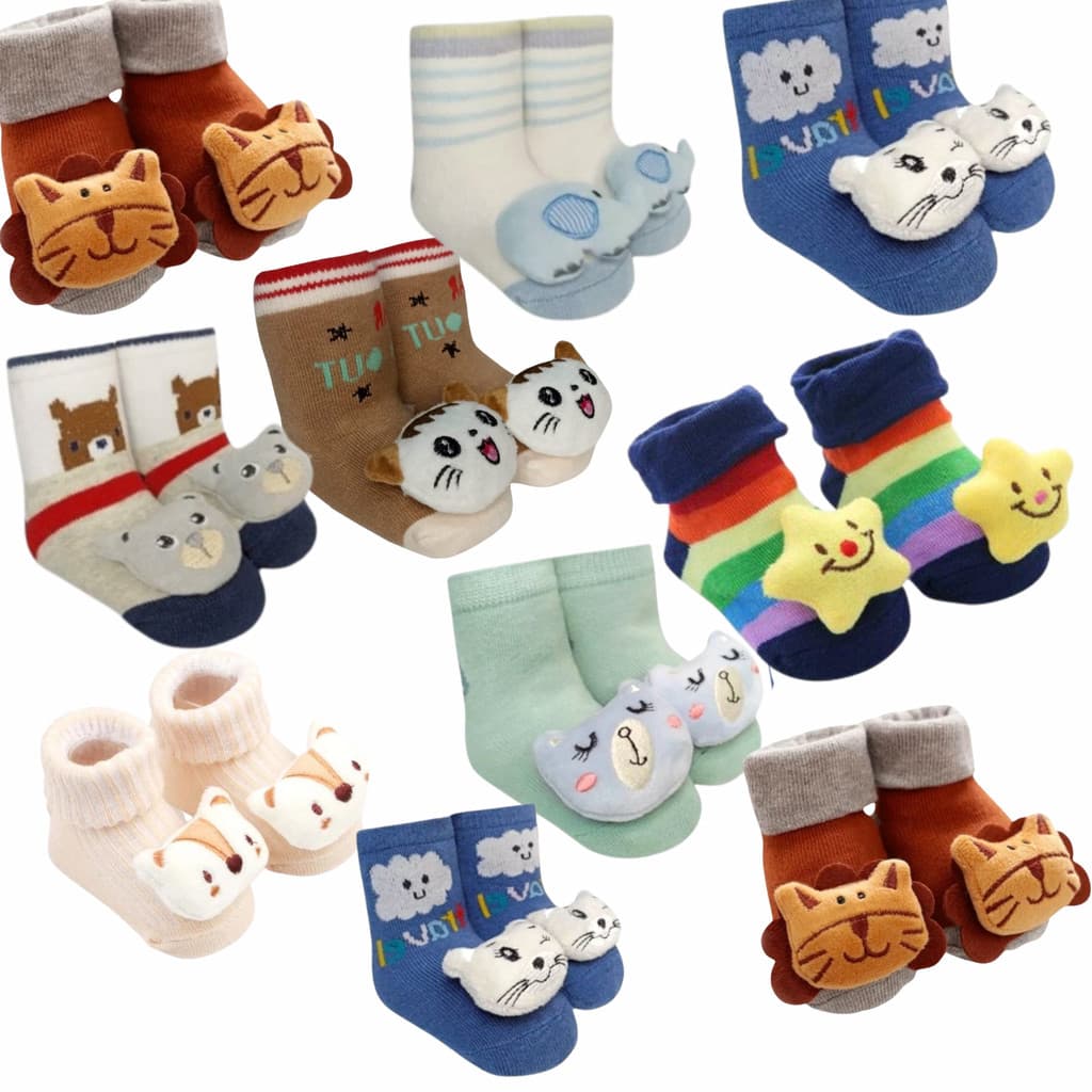 Kit 10 Pares Meia 3d Bebê Infantil Sapatinho Chocalho