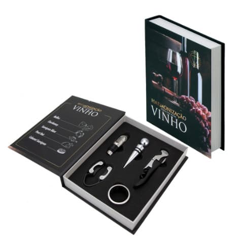 Kit Vinho Livro Abridor Saca Rolhas Tampa Dosador  05 Peças Luxo