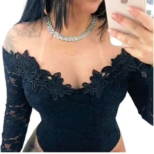 Body Manga Longa Ombro em Renda e Tule com Bojo