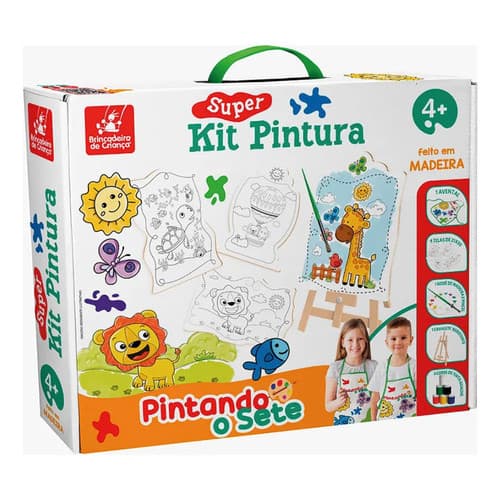 Kit Pintura Infantil Pintando o Sete - 4 Telas + Cavalete +6 Tintas +Pincel +Avental +Godê   - brinquedo educativo