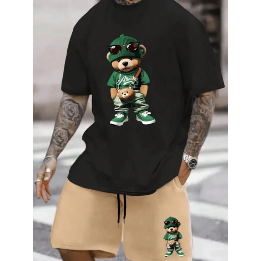 Kit Camiseta Preta + Bermuda de Moletom Modelo "Ursinho de verde" Estilo Tumblr Moderno - LANÇAMENTO/PROMOÇÃO ESPECIAL