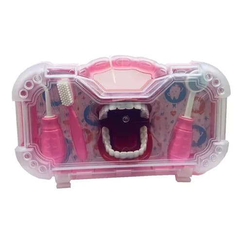 Estojo Paki Toys Kit Cuidado Dental Dentadura Escova Espelho Crianças Cor Rosa
