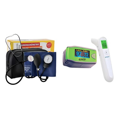Kit Aparelho Medidor Pressão Manual Com Estetoscópio + 1 Termômetro + Oxímetro Infantil