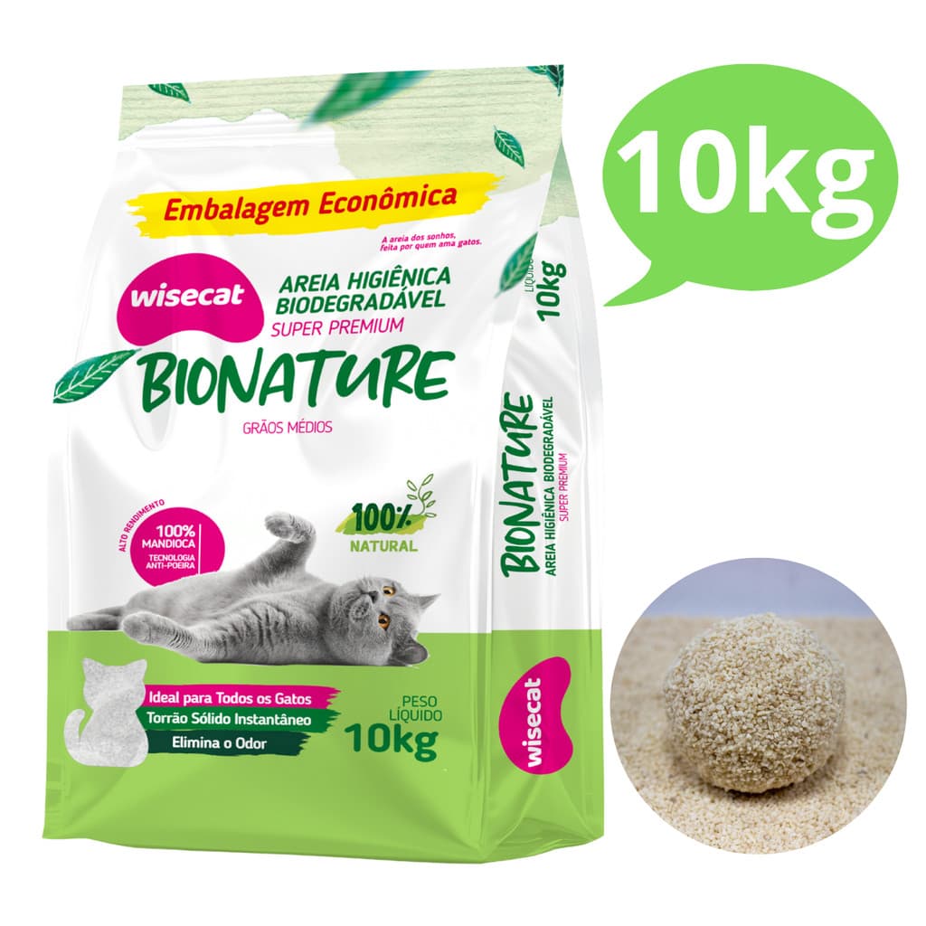 Areia Sanitária Higiênica para Gatos Natural Vegetal Mandioca Bionature Tradicional Wisecat 10KG