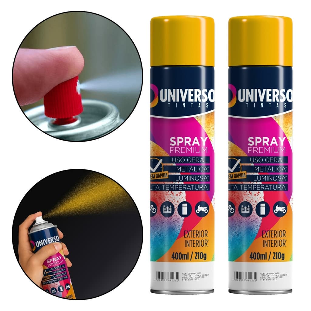 Kit 2 Tintas Spray 400ml Amarelo Uso Geral Universo Tinta para Pintura de Aço Ferro Couro Gesso e Cerâmica Casa