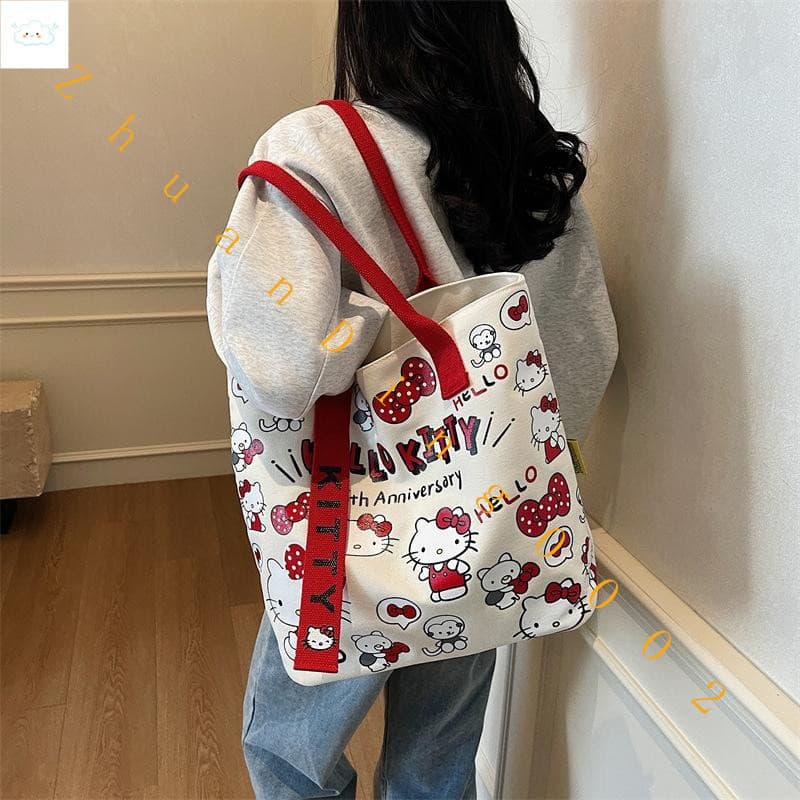 [Rhian] Sweet Cute Hello Kitty Canvas Ombro Bolsa Grande Capacidade De Viagem Portátil Studentmuter Armazenamento Presen