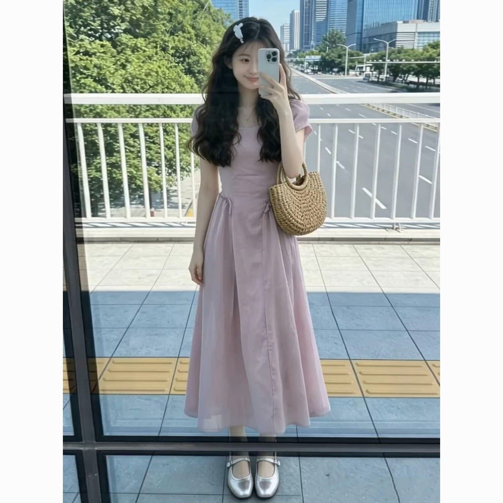Francês bonito roxo vestido de manga curta crianças verão 2026 novo estilo venda quente pequeno cintura estreita mais ma