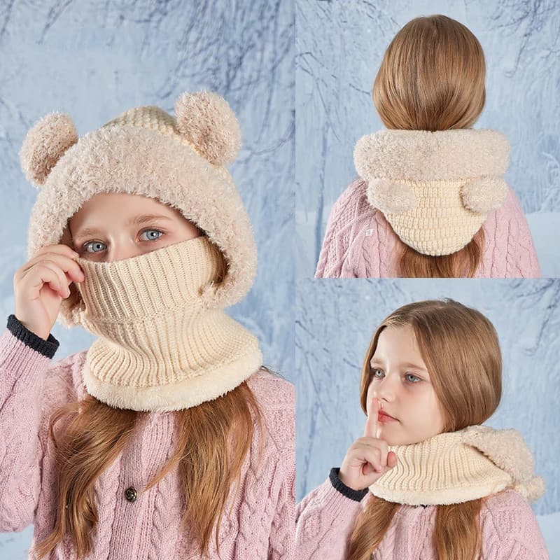 Crianças Chapéu De Inverno Veludo Malha Lã Balaclava Proteção De Ouvido Fofo Máscara Pescoço Calor Capa Meninas Boné Com