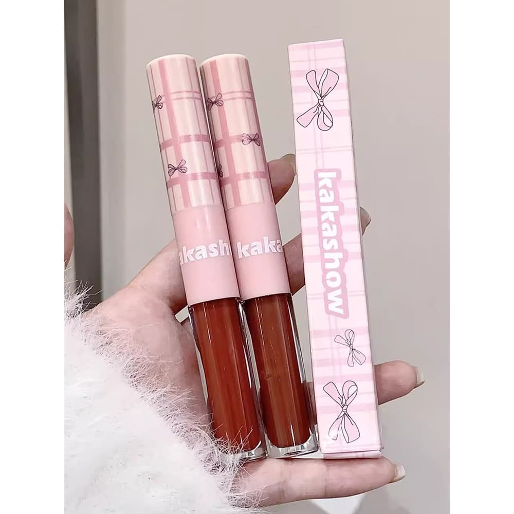 Kakashow Bowknot Esmalte Labial de Duas Cabeças Não Desbotado Copo Antiaderente Espelho Nu Festa de Estudante Clareament
