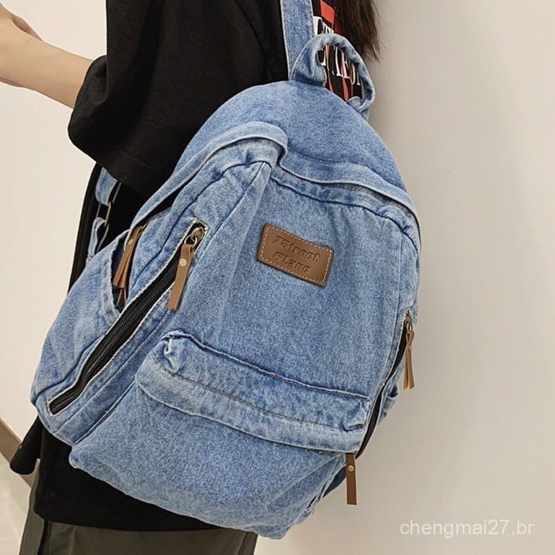 2023 Retro viagem de grande capacidade Jeans estudante mochila feminina estudante universitário mochila adequada para me