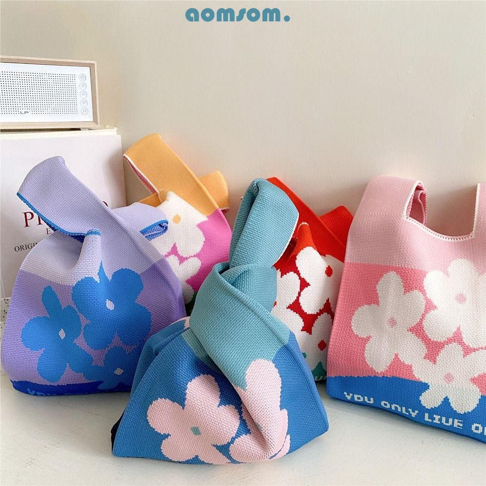 AOMSOM Bolsa De Malha Reutilizável Nicho Design Casual Cor Sacos De Compras Feminino Meninas Nó Pulso