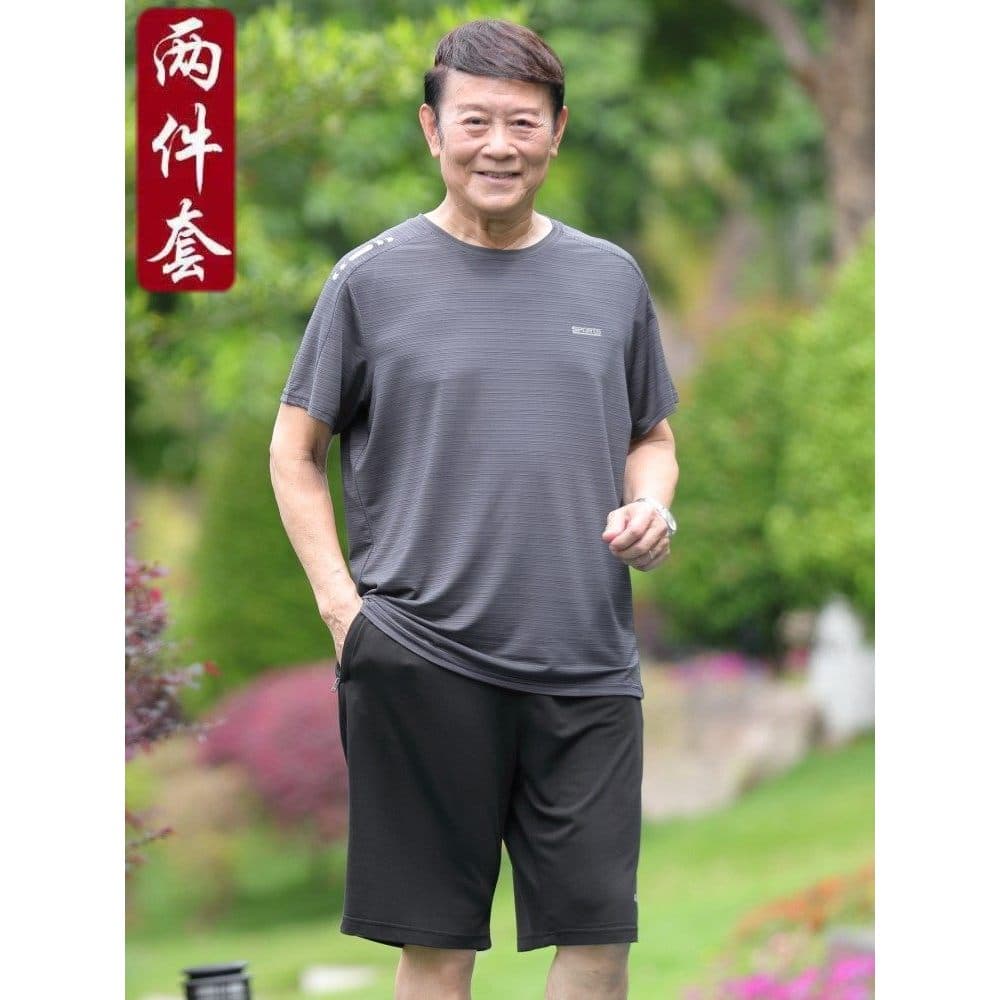 Pai verão camiseta de manga curta de secagem rápida meia-idade idosos Casual terno esportivo seda gelo masculino G