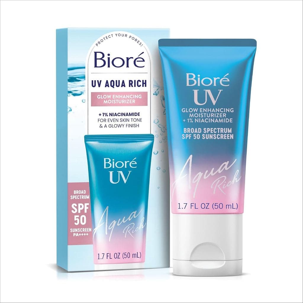 Bioré UV Aqua Rich Glow Enhancing Moisturizer com FPS, Hidratante Diário com FPS 50, Protetor Solar Facial com 1% de Nia