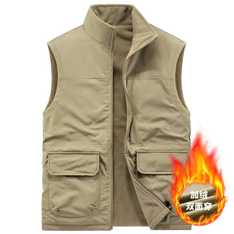 Outono inverno dupla face forro de lã carga colete masculino gola alta Multi-bolso quente sem mangas colete tamanho gran