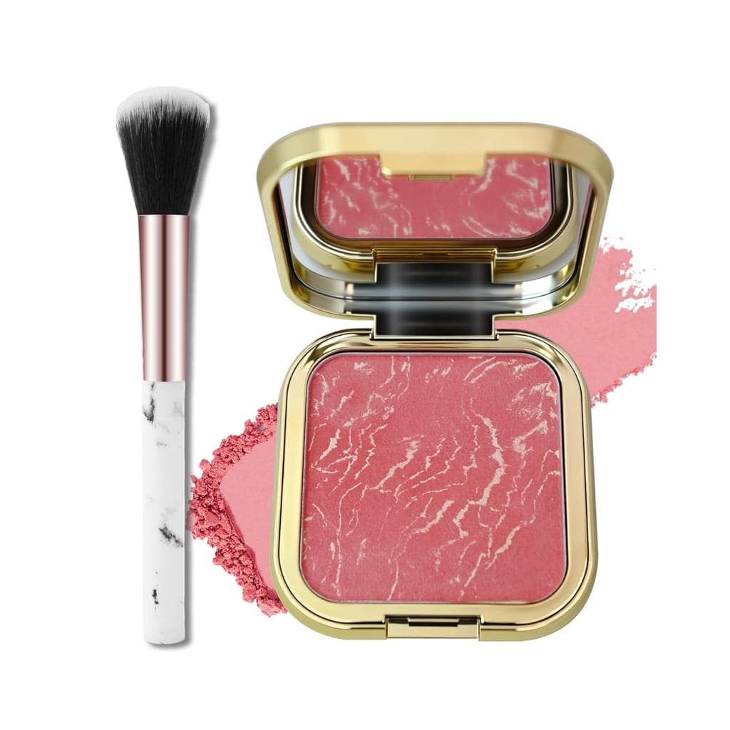 Blush Cozido, Blush Individual Efeito Mármore Pêssego para as Maçãs do Rosto, Blush em Pó Mate Sedoso com Espelho e Pinc