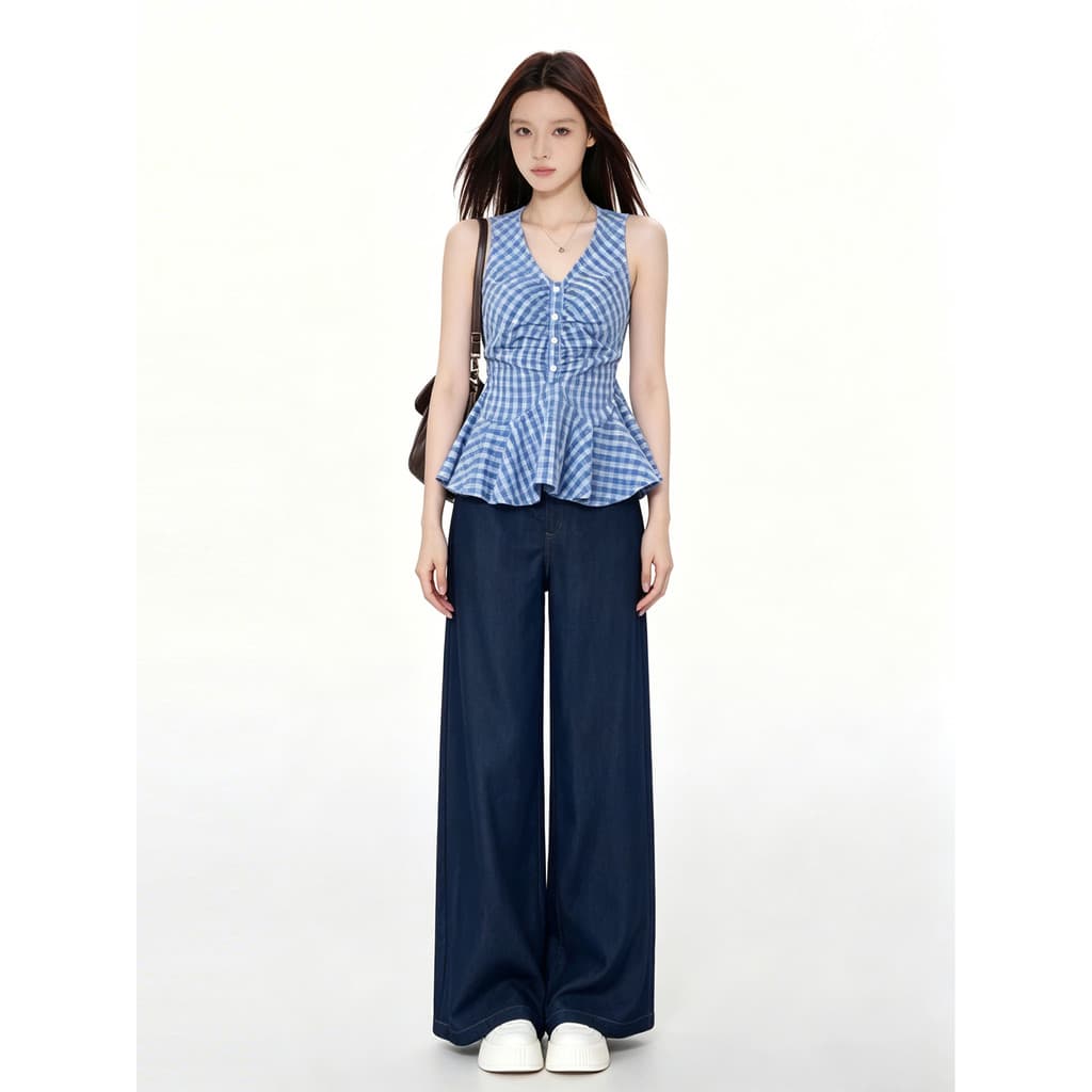 VERUMI estilo coreano azul xadrez com decote em V sem mangas colete feminino 2026 verão novo estilo temperamento cintura