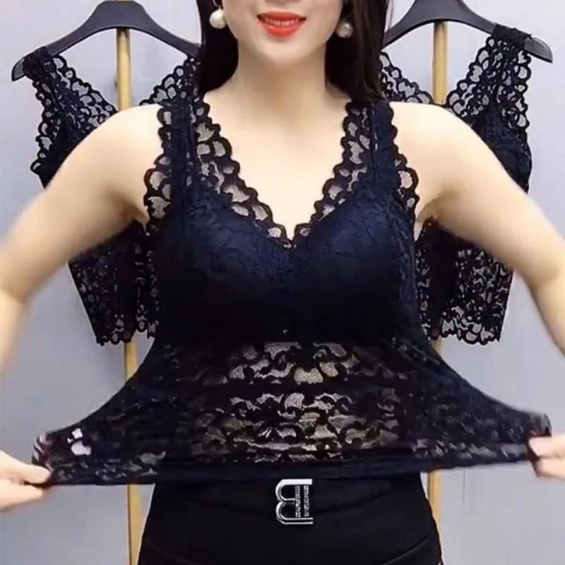 Colete com almofada no peito feminino verão roupa interior exterior tamanho grande gordura mm estilingue de renda linda