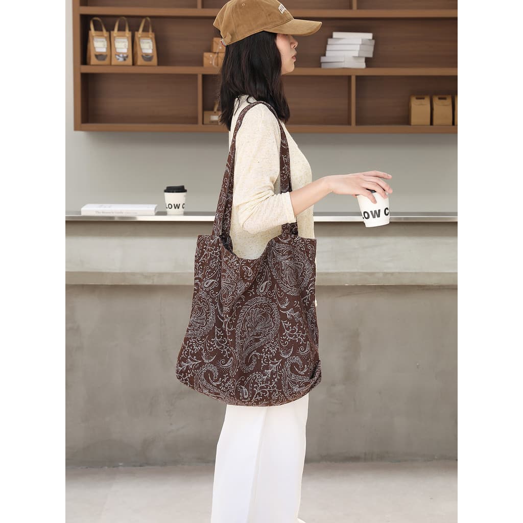 Estilo preguiçoso grande capacidade impresso sacola feminina All-Match caju flor lona bolsa de ombro estudante classe sa