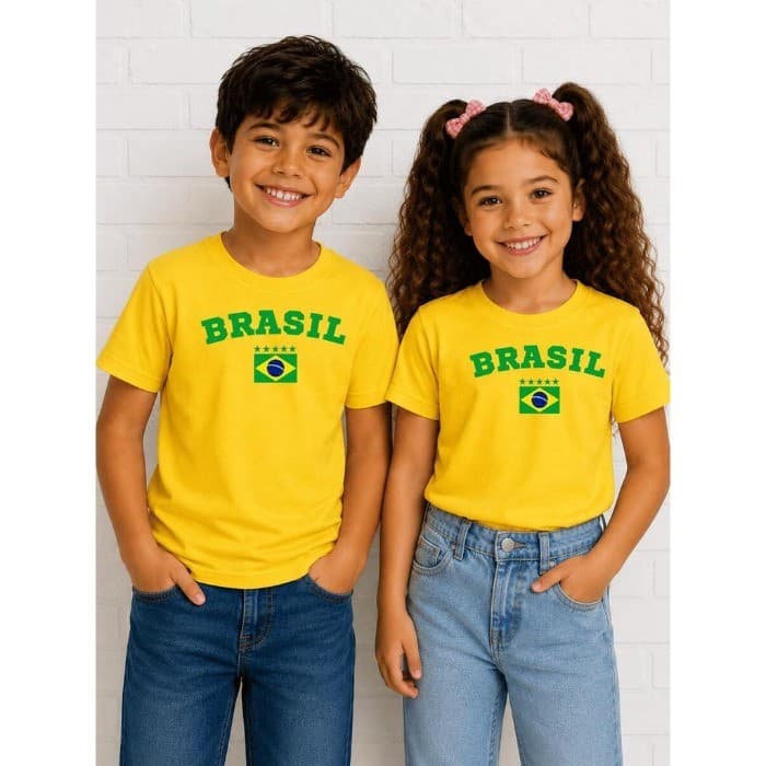 Camiseta Infantil Menino Menina Estampada Camisa Brasil bandeira 5 estrelas 100% Algodão Copa