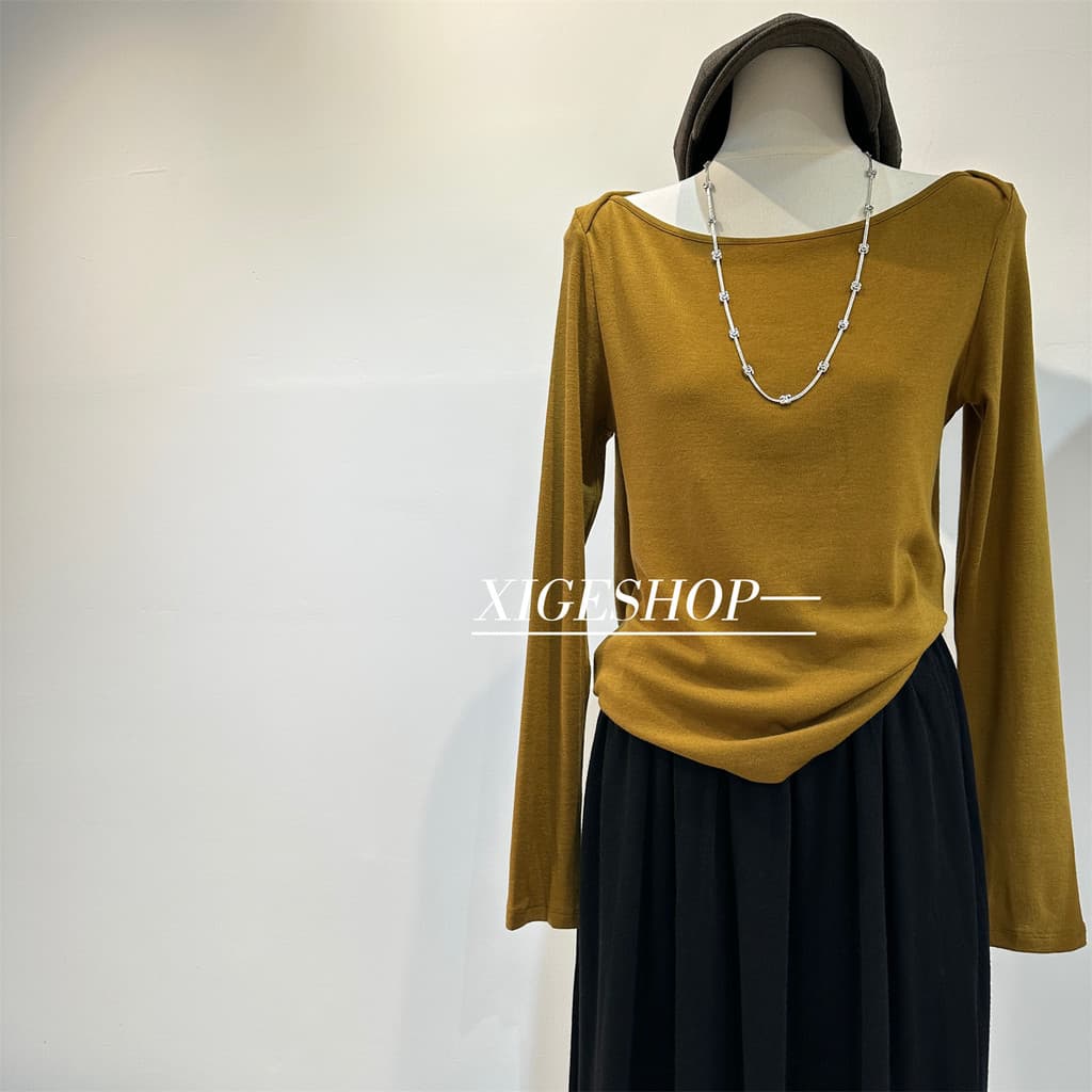 Camiseta feminina de manga comprida com gola de uma linha, macia, cerosa, outono inverno, pode ser inclinada, estirament