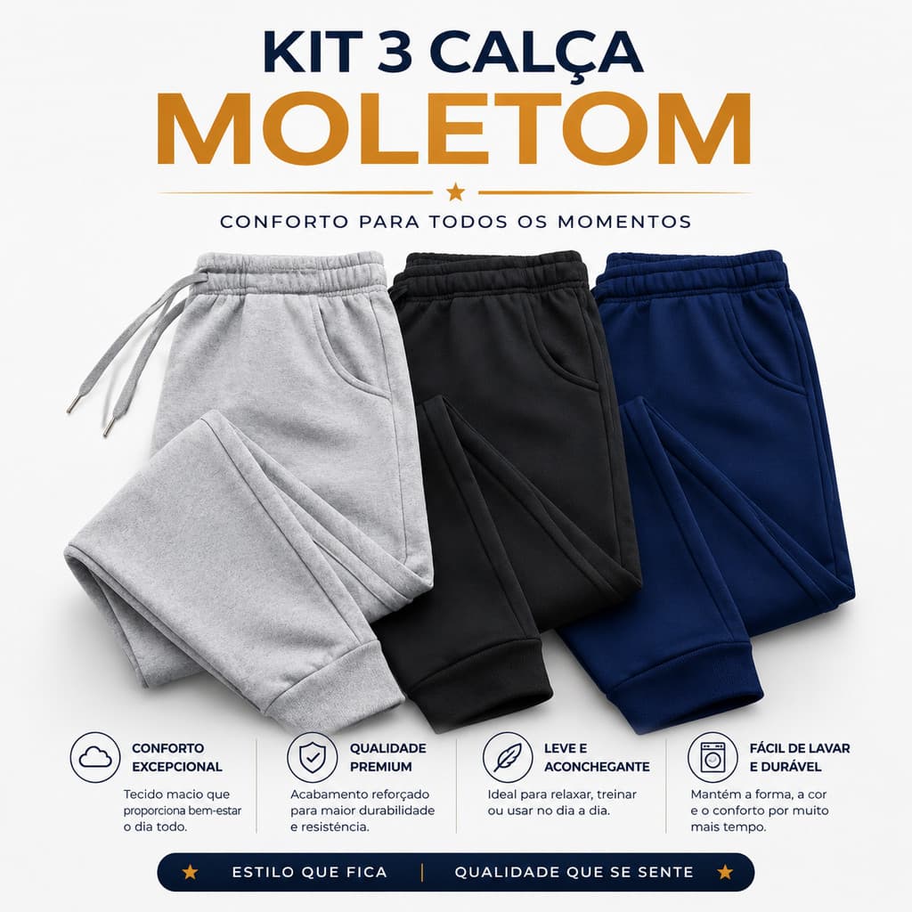 KIT 3 Calças Moletom Unissex Peluciadas Grossa Com Punho e Elástico Para Ajuste