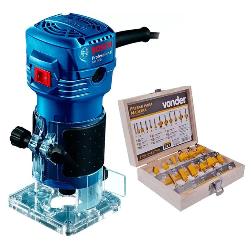 Kit Tupia Elétrica 6mm 550W Bosch GKF 550 (220V)  Jogo de Fresas com 12 Peças 6mm para Tupia Vonder 53.14.120.120
