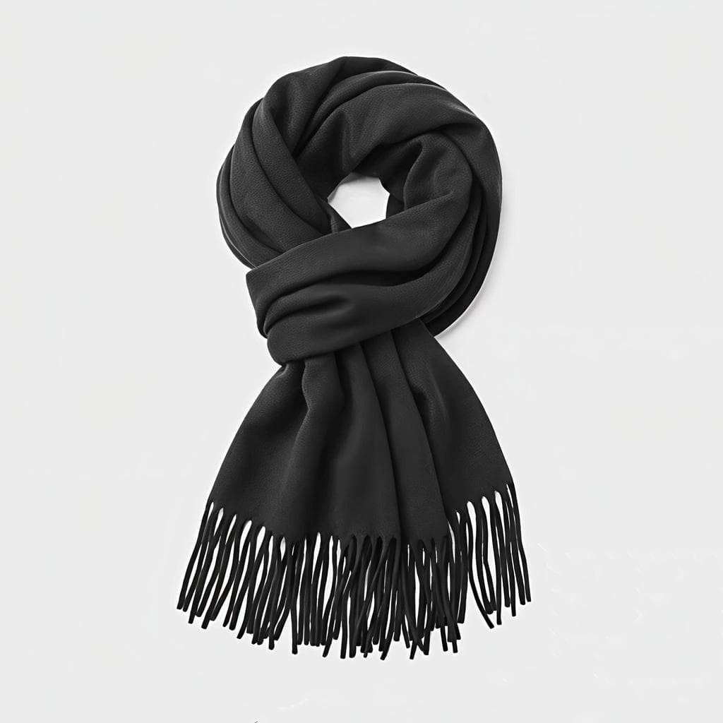 Cachecol Preto Liso com Franjas, Acessório de Inverno Unissex, Tamanho Grande 180x68cm