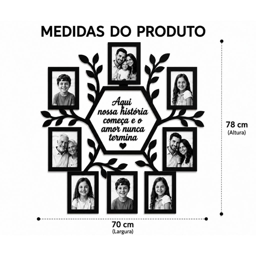 Quadro Decorativo em MDF - Árvore Com Molduras Para Fotos 10x15 - Preto MDF