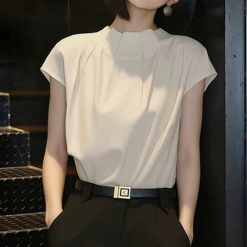 Damasco leve luxo chique camisa de manga curta francês elegante temperamento branco decote Irregular camisa de manga cur