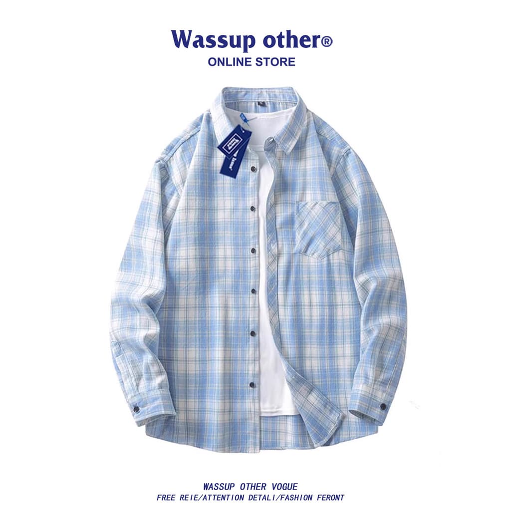 WASSUP OUTRO Americano Retro Xadrez Camisa Jaqueta Masculina Verão High-End Ruffian Bonito Camisa De Manga Comprida Masc