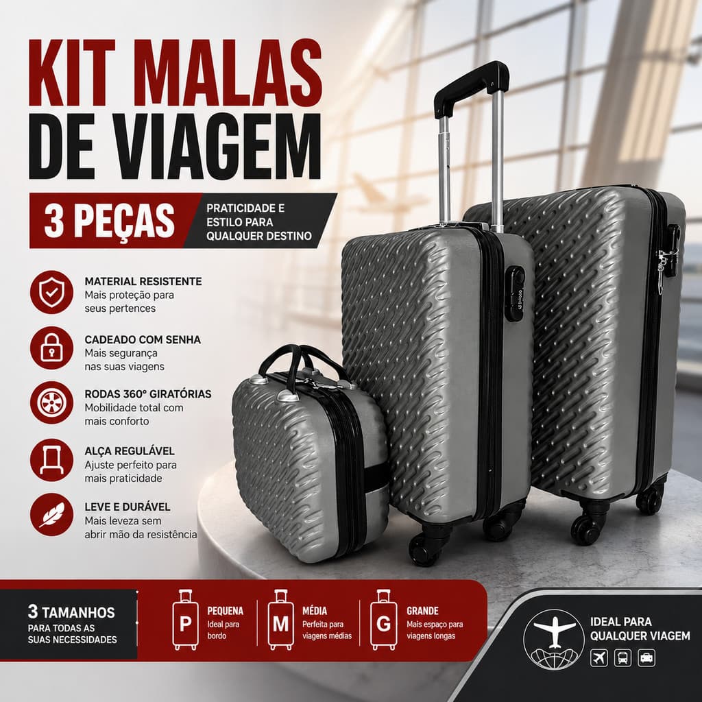 Kit Conjunto 3 Malas de Viagem kit com  3 Peças Rodinhas PMG 15kg e 12kg + frasqueira 8kg