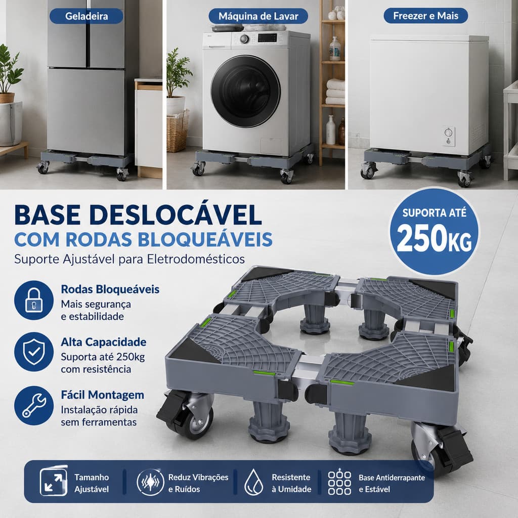 Base Deslocável Com Rodas Bloqueáveis Suporta 250kg Fácil Montagem para Lavadora e Geladeira
