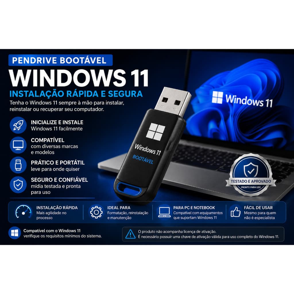 Pendrive Windows 11 para Formatação, Reparo e Instalação do Sistema