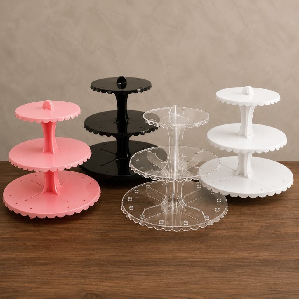 Porta Doces 3 Andares Desmontável Suporte Cupcake Festa Luxo Resistente Branco Preto Cristal Rosa