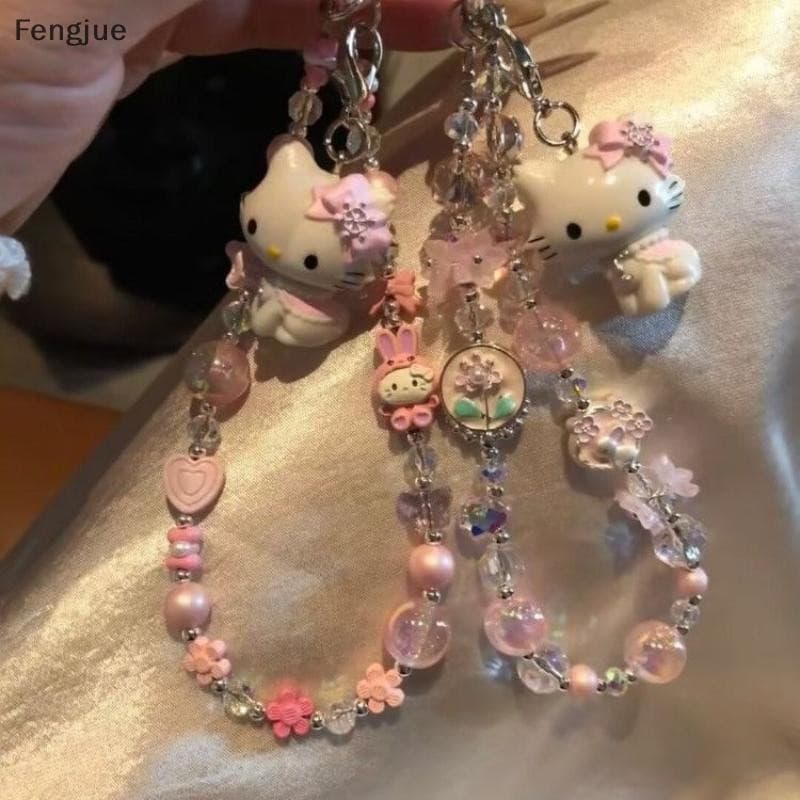 Fengjue Bonito Gatinho Frisado Chaveiro Kawaii Rosa Cristal Dos Desenhos Animados Pendurado Corrente Alça De Telefone Pu