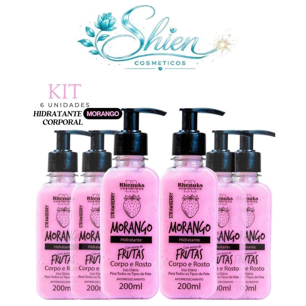 Kit 6 Hidratante Corporal Corpo e Rosto Morango   200ml Rhenuks (Afilhado)