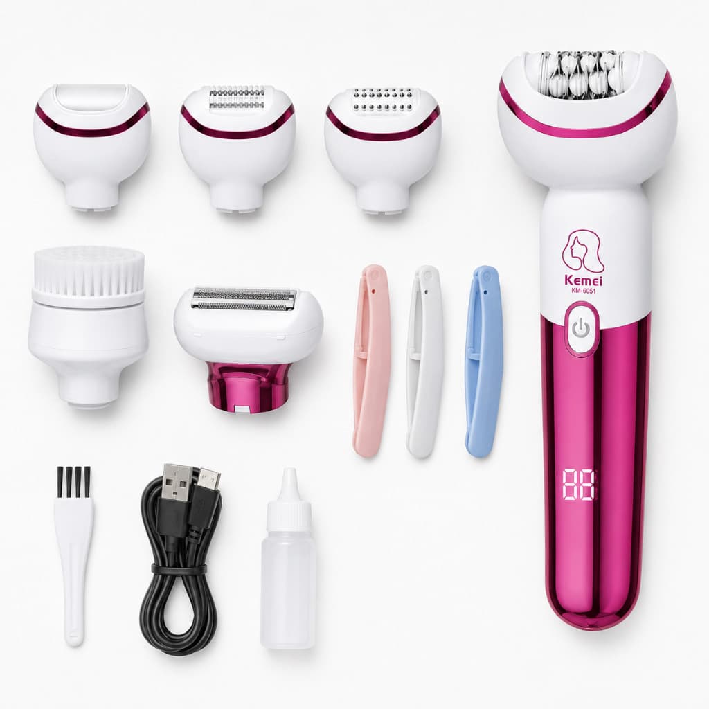 Depilador Feminino Kemei 5 em 1 Recarregável Pernas Braços Axilas Bikini Facial Removedor Calos Massageador Limpeza Pele