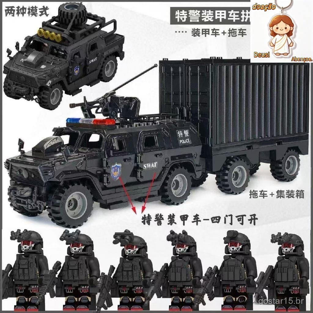 Lego bloco de construção engenharia veículo série recipiente caixa reboque veículo blindado caminhão transportador crian