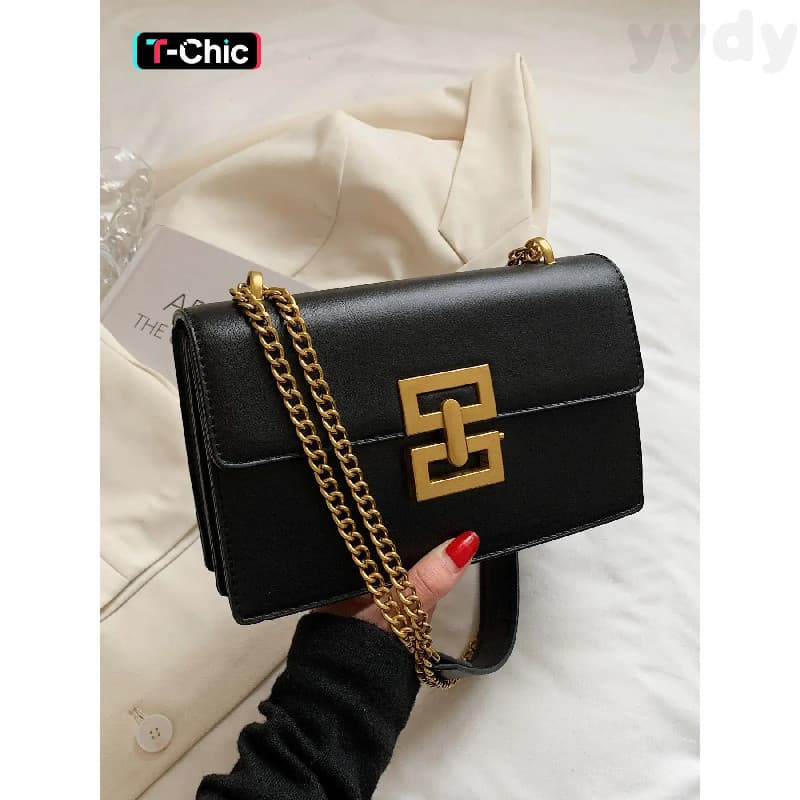 Bolsa Transversal Feminina de Couro PU com Alça de Corrente, Bolsa Simples de Cor Sólida com Design de Fivela, Bolsa de