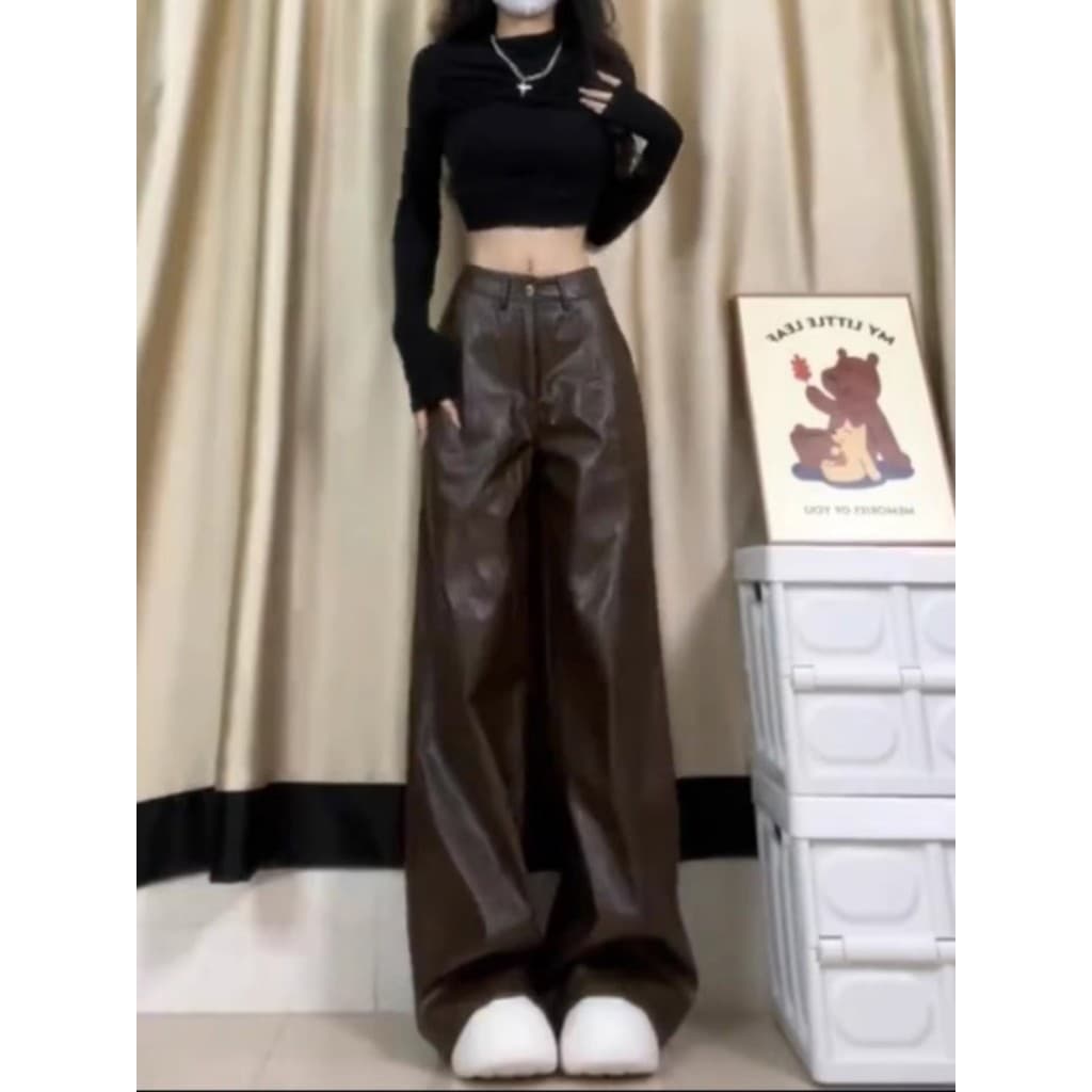 Tamanho grande cor café cintura alta calças de couro feminino primavera novo estilo gordura mm quente menina mais magro