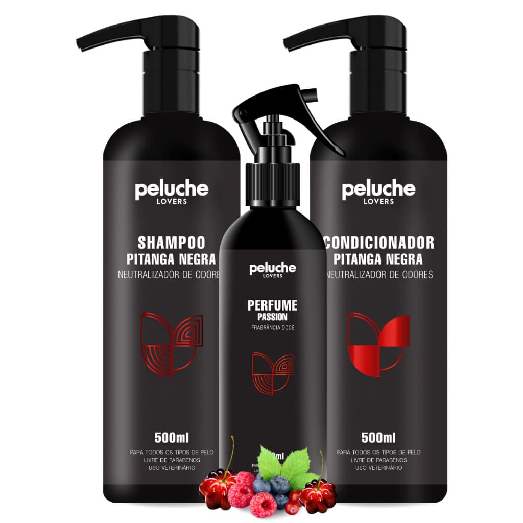 Kit Shampoo Condicionador Perfume Passion Para Cachorro Peluche Pitanga Negra 500ml Cães Gatos