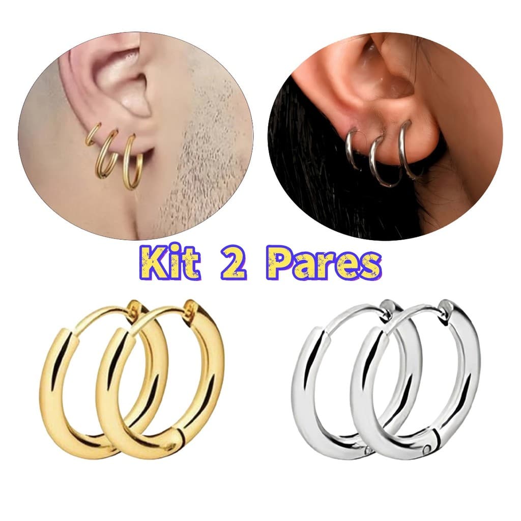 Kit 2 Pares de Argolinhas em Aço Inoxidável – Diâmetro Interno 8mm / 10mm / 12mm – Unissex
