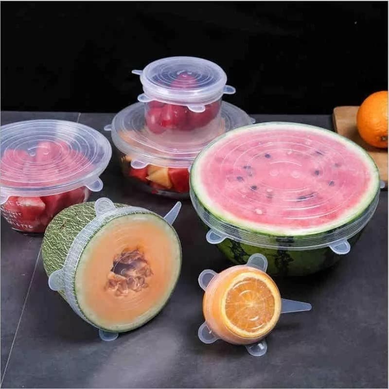 Kit 6 Tampas Silicone Copo Jarra Panelas Potes Reutilizável Fruta Verdura Alimento Geladeira
