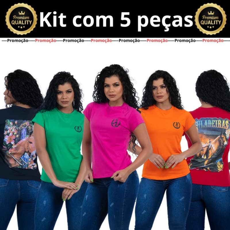 T-shirt Feminina Country Kit Com 5 Peças Algodão Fio30.1 Brandili Blusa Rodeio Boiadeira Camiseta Texas, Muladeira