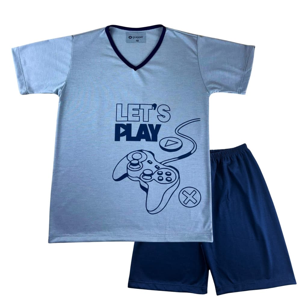 Pijama Masculino Grappin Manga Curta Videogame Short Azul Marinho Malha PV