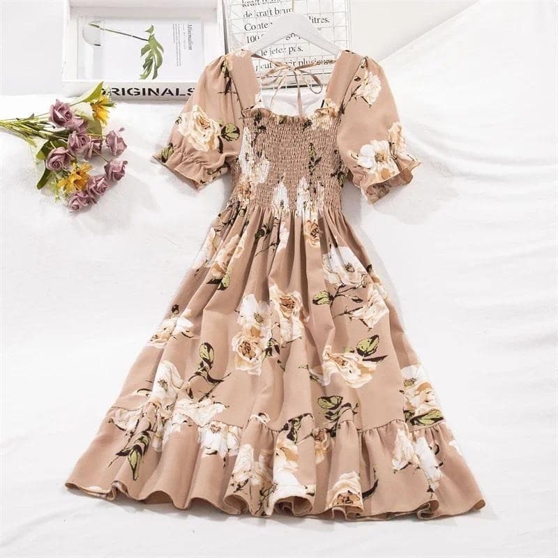 Vestidos de Chiffon Primavera Verão Moda Feminina Cintura Elástica Manga Curta Vestido Casual Plissado Vestidos Feminino