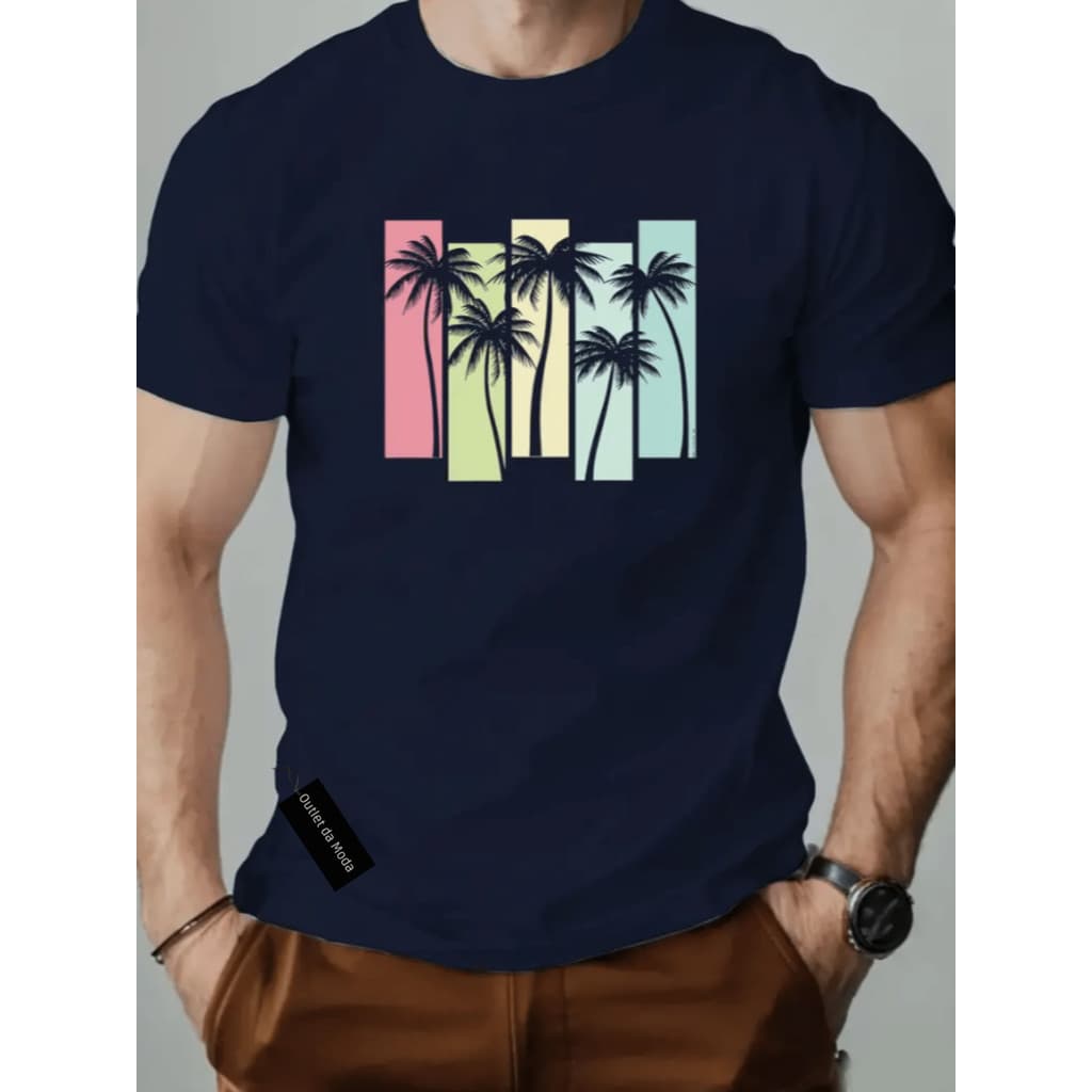Camiseta masculina Estampada Coqueiros Color listrados Camisa 100% algodão super confortável moda verão