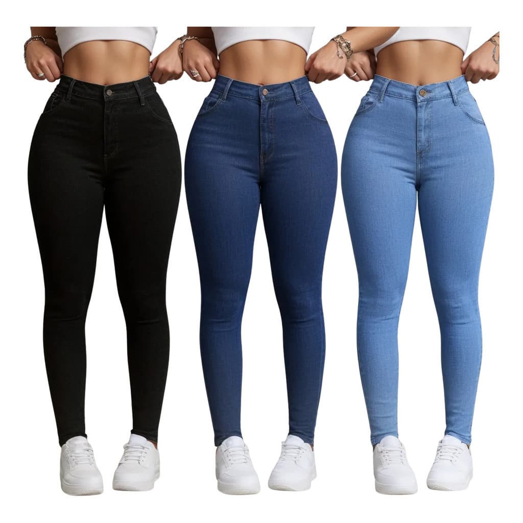 Kit 3 Calça Jeans Feminina Skinny Elastano Cintura Alta elegante